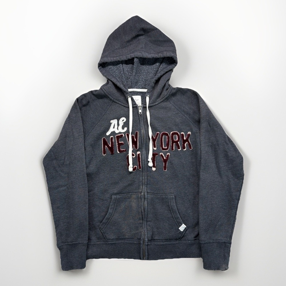 American Eagle Mens Grey Zip Up Hoodie Puff Print Logo Athletic‎ Fit M Y2K